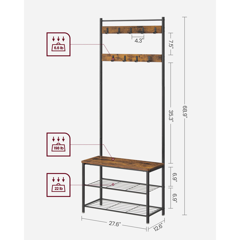 Parke Hall Tree 27.6 Wide with Bench and Shoe Storage Black Brown